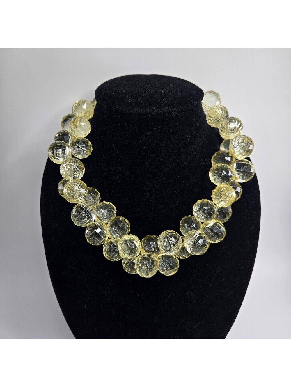 Vintage Acrylic Chunky Bead Necklace Yellow Faceted Transparent Statement Collar